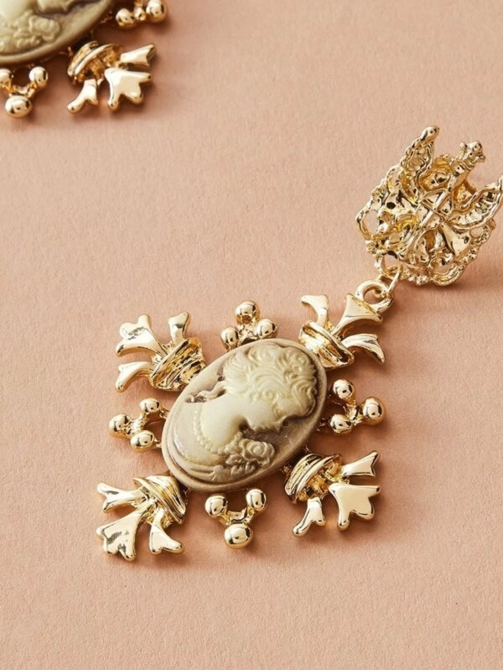 Victorian Vintage Inspired Gold Cameo Cross Drop Earrings - Picture 3 of 3